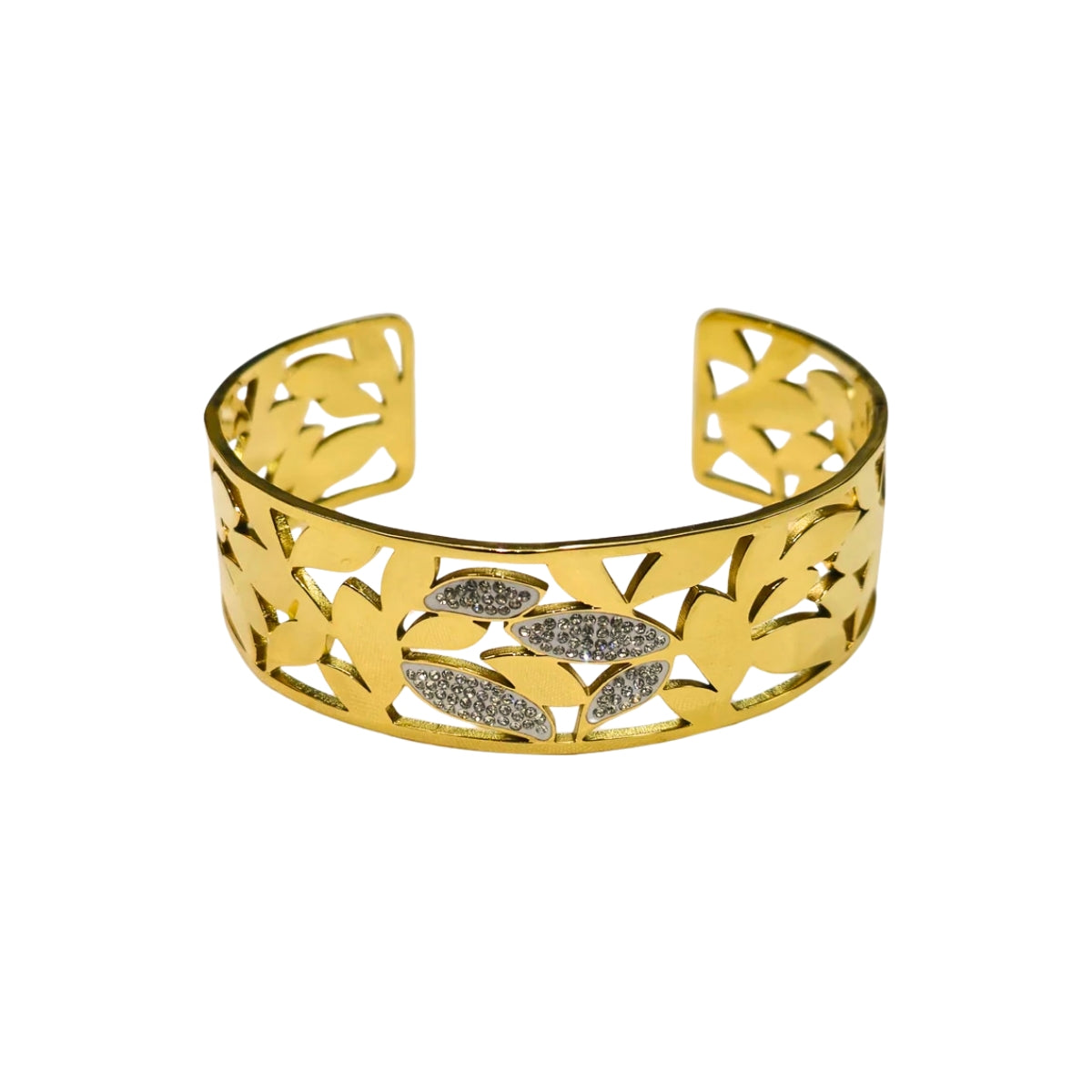 Glamorous Gold-Plated Rhinestone Leaf Cuff Bracelet