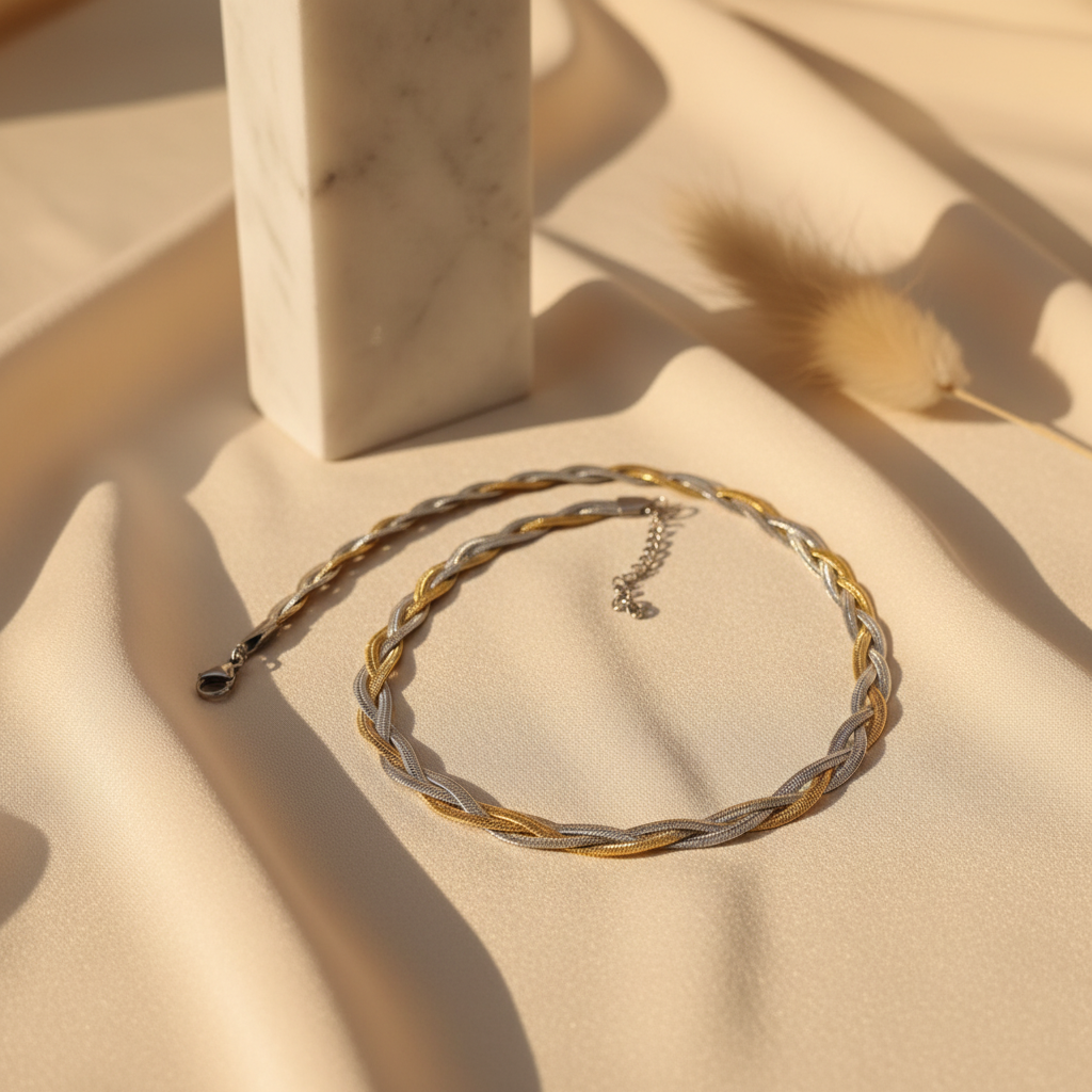 Two-Tone Braided Snake Chain Necklace (50cm) | Gold & Silver Stainless Steel