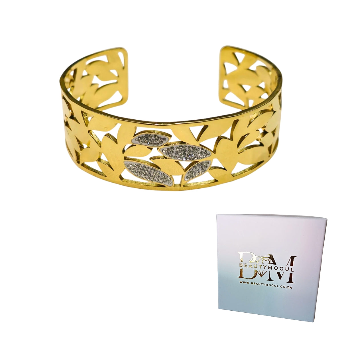 Glamorous Gold-Plated Rhinestone Leaf Cuff Bracelet