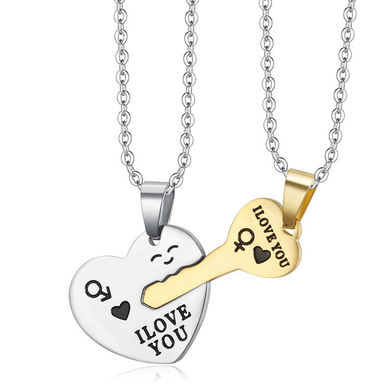 Couples Heart Lock and Key Necklace