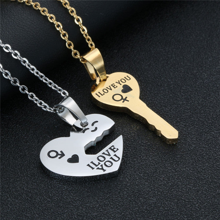 Couples Heart Lock and Key Necklace