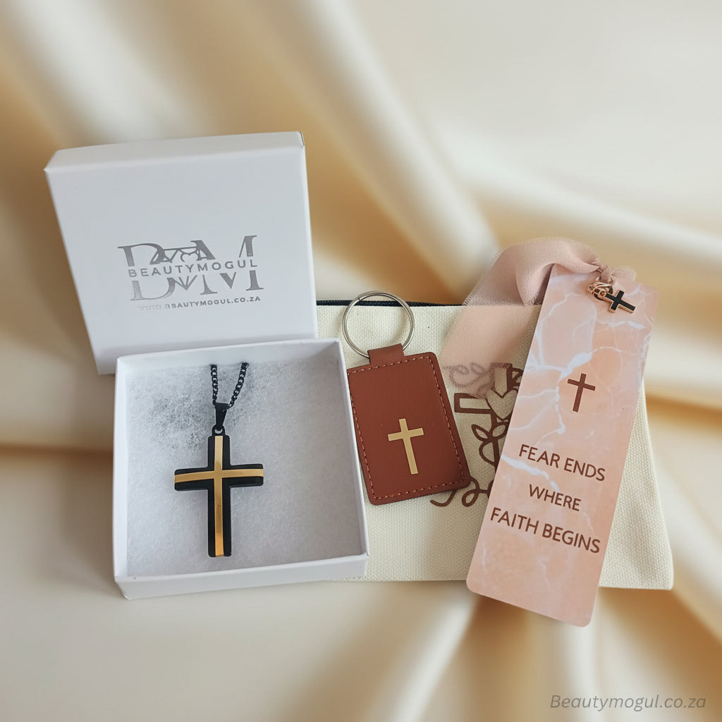 set with cross pendant, keychain, and bookmark in a branded box.
