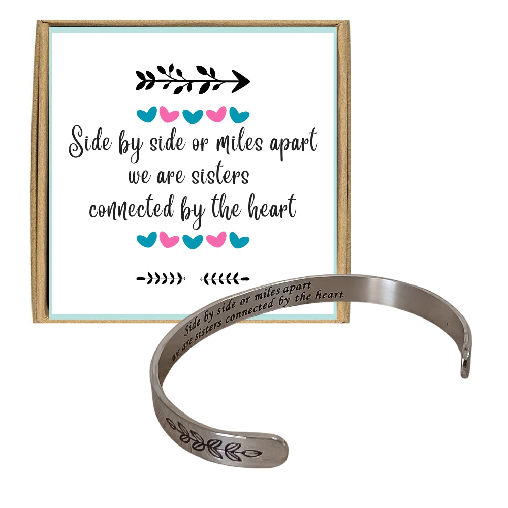 Sisters Connected By Heart Cuff Bracelet with Gift Box & Card