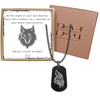 Men Black Alpha Wolf Dog Tag Necklace Card Gift Set