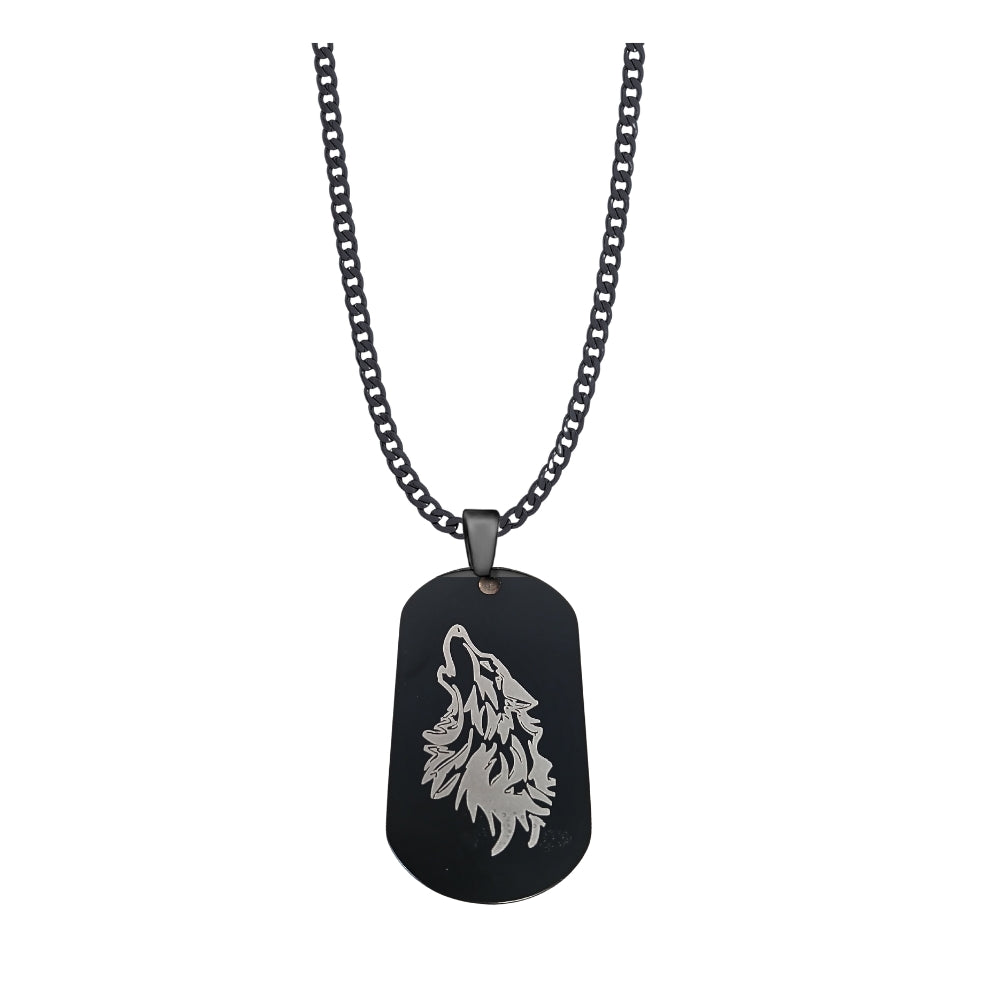 Men Black Alpha Wolf Dog Tag Necklace Card Gift Set