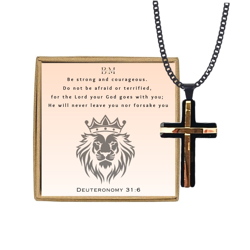 Men Black, Gold Stainless steel Pendant Cross Necklace, Card Gift Set