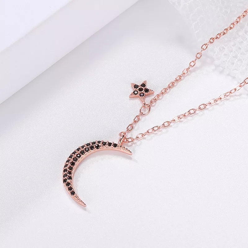 Star and Moon Zirconia Necklace (Rose Gold Or Silver). 