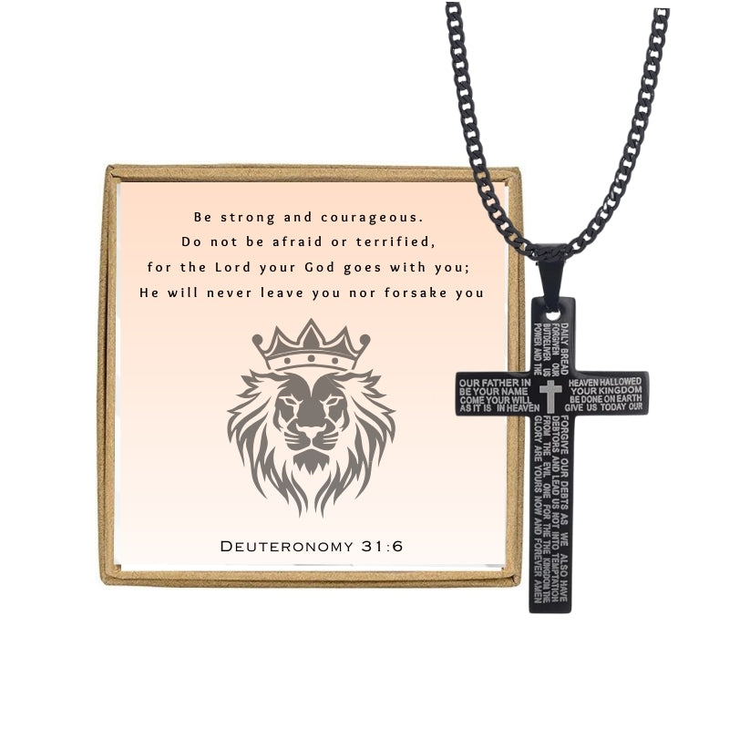 Mens Black Stainless Steel Lord's Prayer Necklace, Card and Gift Box Set