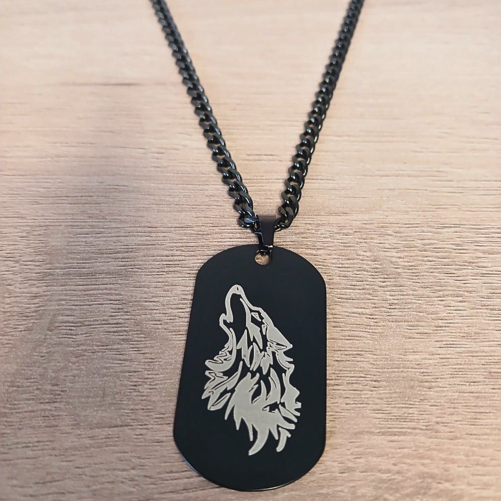 Men Black Alpha Wolf Dog Tag Necklace Card Gift Set