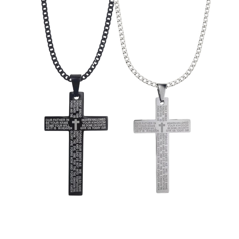 Mens Black Stainless Steel Lord's Prayer Necklace, Card and Gift Box Set