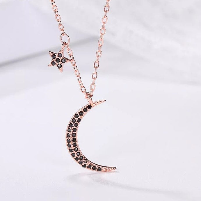 Star and Moon Zirconia Necklace (Rose Gold Or Silver). 