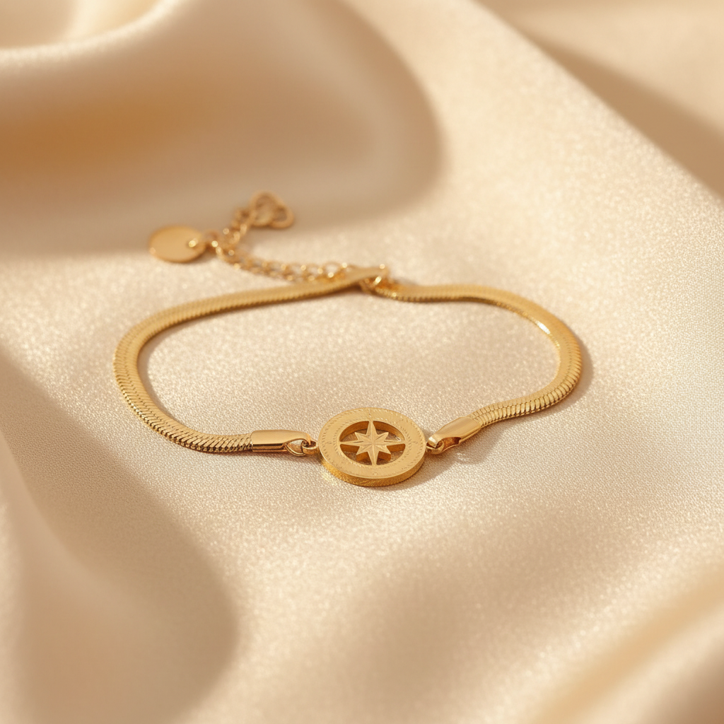 A gold snake chain bracelet with a circular star charm, displayed on a draped beige satin fabric.