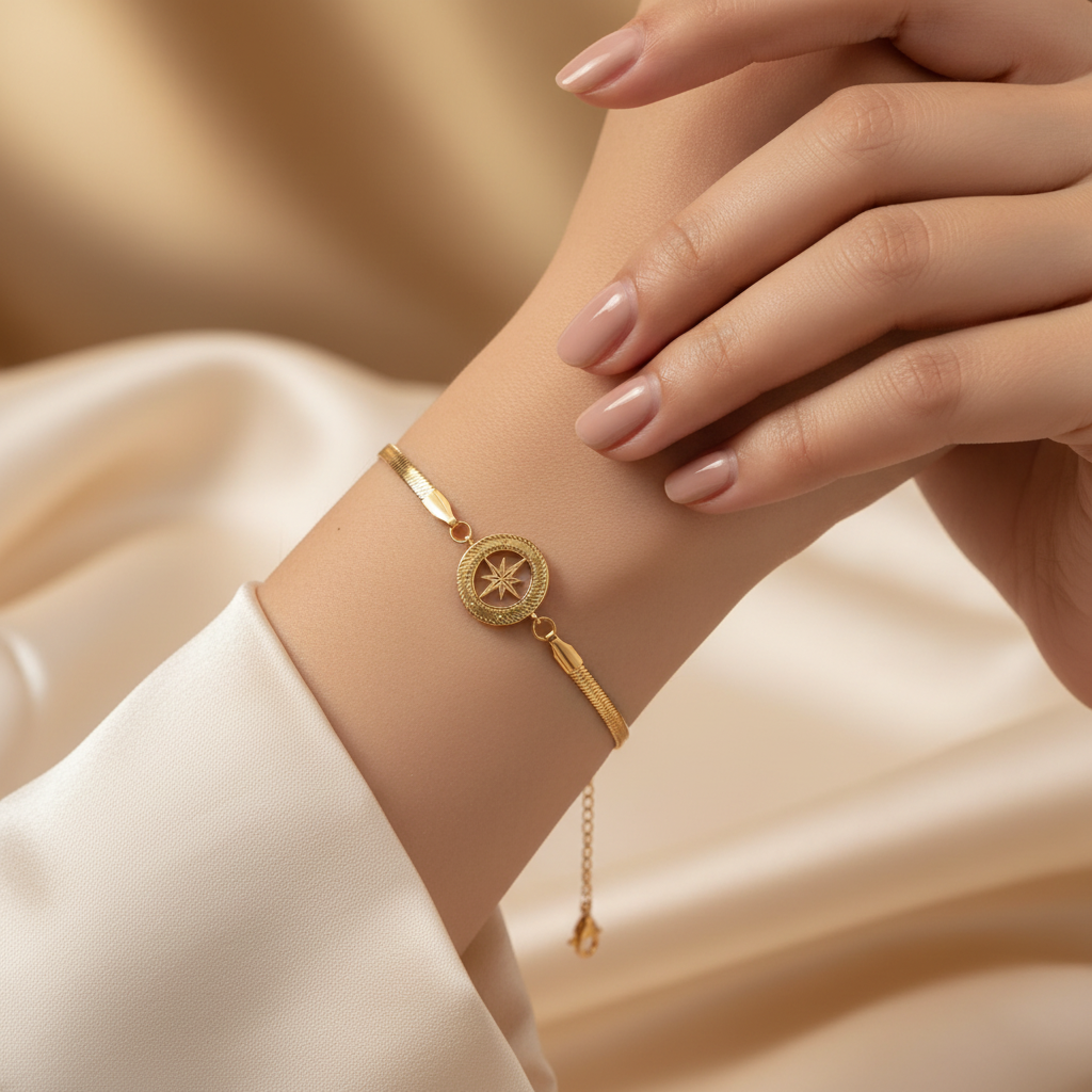 Celestial North Star Herringbone Chain Bracelet | Gold & Silver Stainless Steel