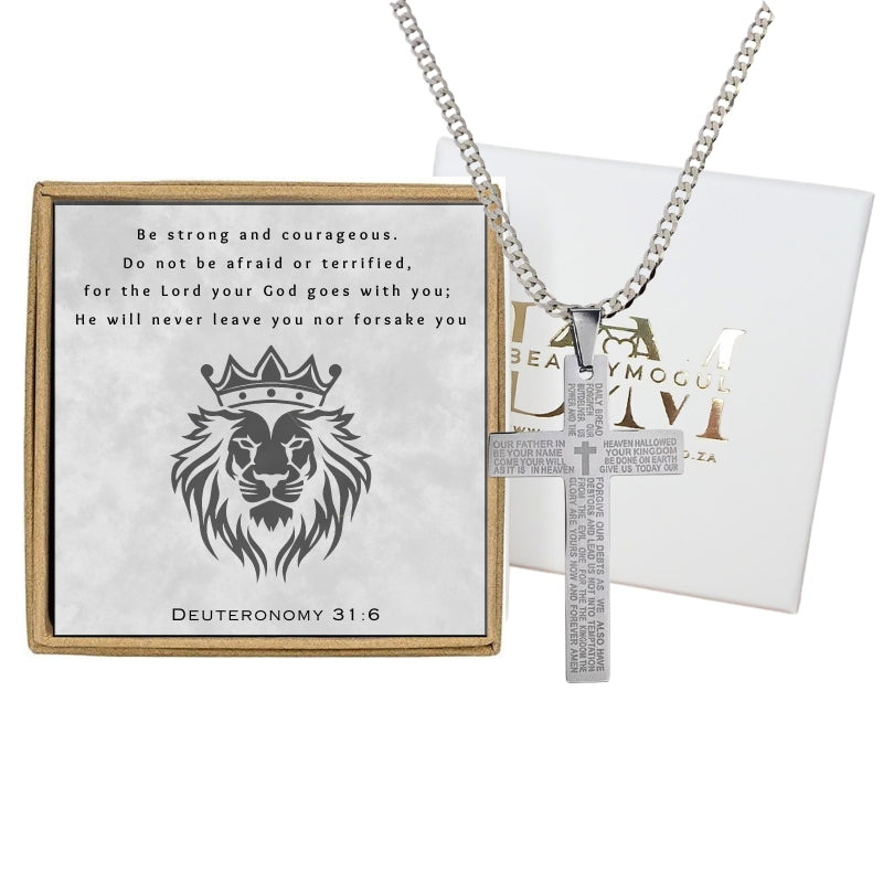 Mens Black Stainless Steel Lord's Prayer Necklace, Card and Gift Box Set