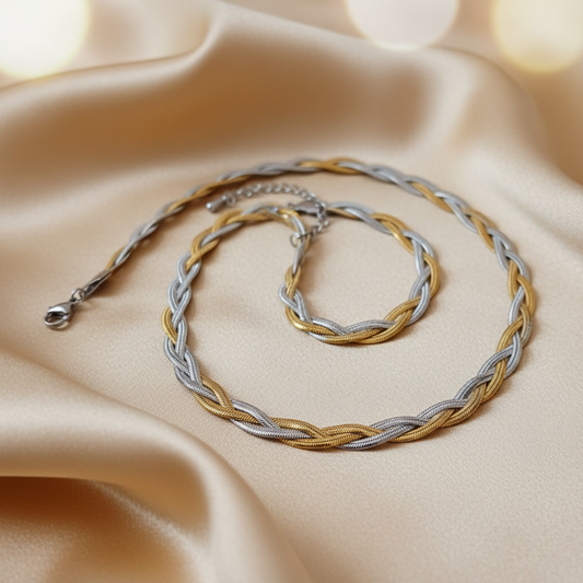 Two-Tone Braided Snake Chain Necklace (50cm) | Gold & Silver Stainless Steel