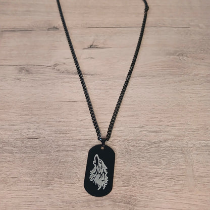 Men Black Alpha Wolf Dog Tag Necklace Card Gift Set