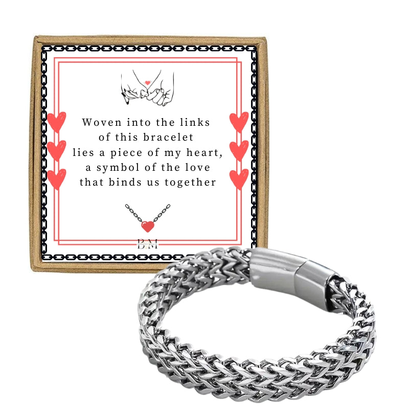 Men Weaved Chain Link Silver Stainless Steel Bracelet, Card and Gift Box (Personalized card option)