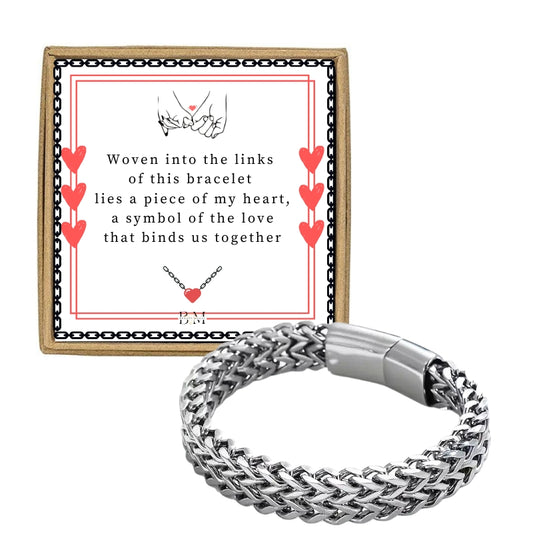 Men Weaved Chain Link Silver Stainless Steel Bracelet, Card and Gift Box (Personalized card option)