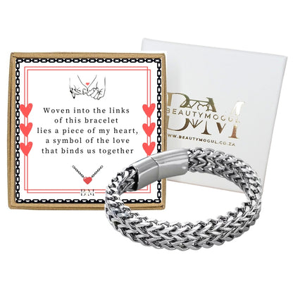 Men Weaved Chain Link Silver Stainless Steel Bracelet, Card and Gift Box (Personalized card option)