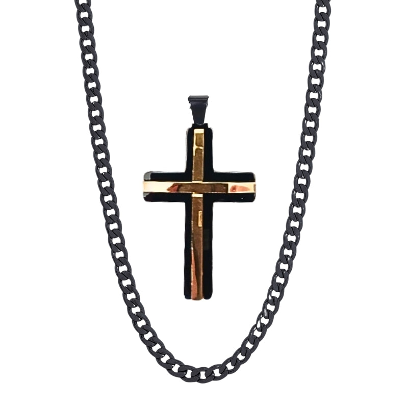 Men Black, Gold Stainless steel Pendant Cross Necklace, Card Gift Set