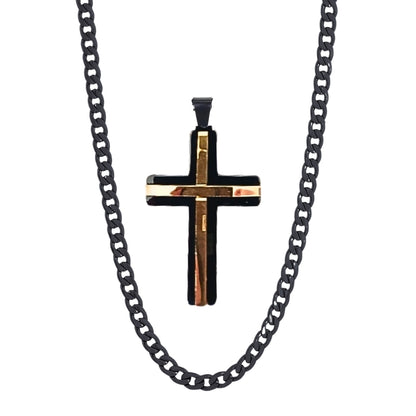 Men Black, Gold Stainless steel Pendant Cross Necklace, Card Gift Set