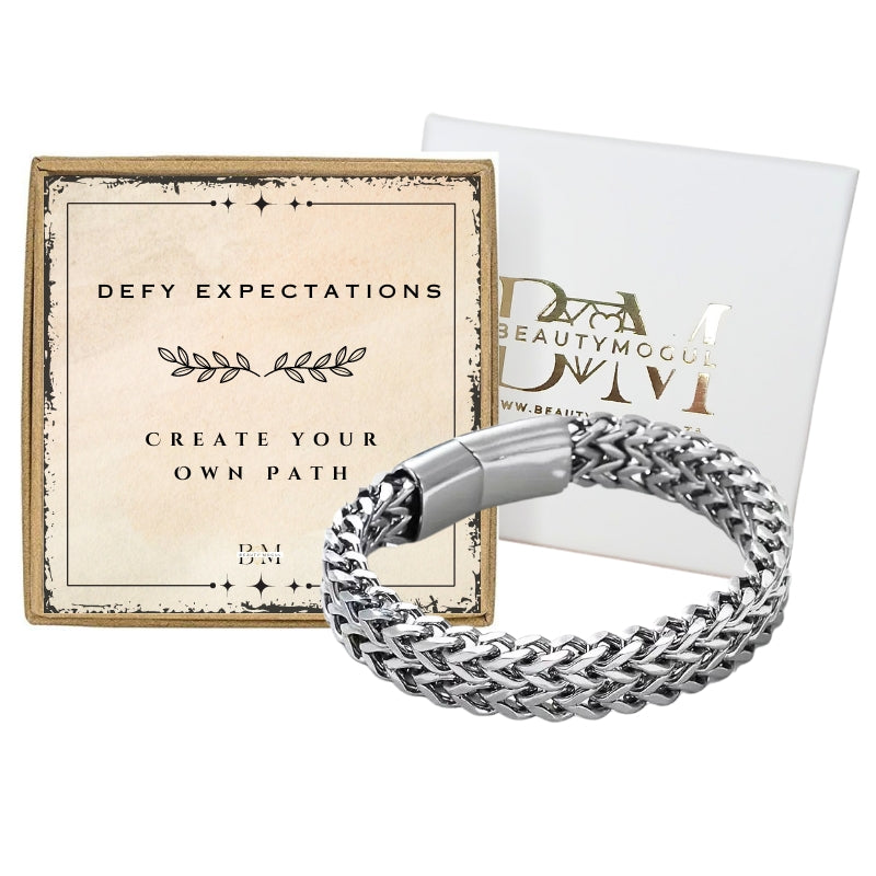 Men Weaved Chain Link Silver Stainless Steel Bracelet, Card and Gift Box (Personalized card option)