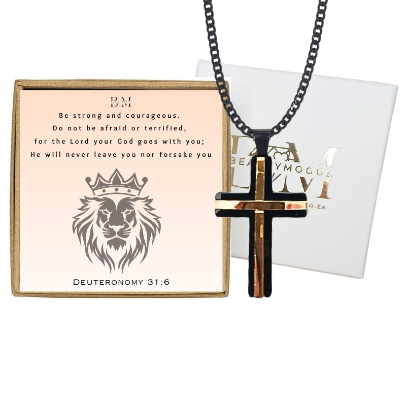 Men Black, Gold Stainless steel Pendant Cross Necklace, Card Gift Set