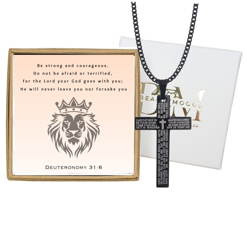 Mens Black Stainless Steel Lord's Prayer Necklace, Card and Gift Box Set