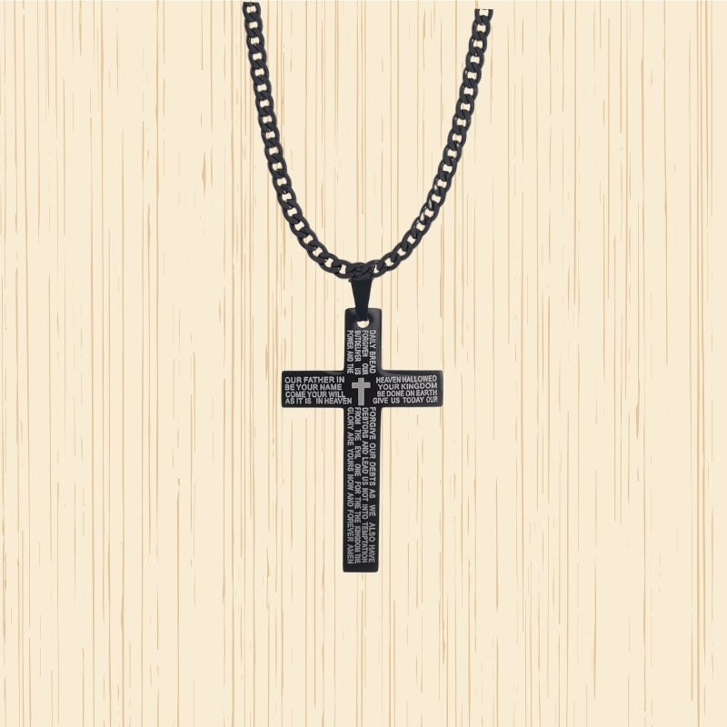 Mens Black Stainless Steel Lord's Prayer Necklace, Card and Gift Box Set