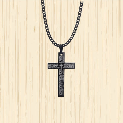 Mens Black Stainless Steel Lord's Prayer Necklace, Card and Gift Box Set