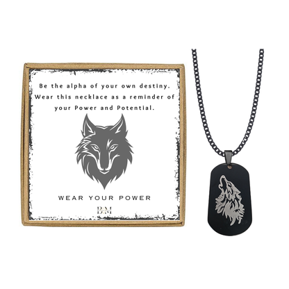 Men Black Alpha Wolf Dog Tag Necklace Card Gift Set