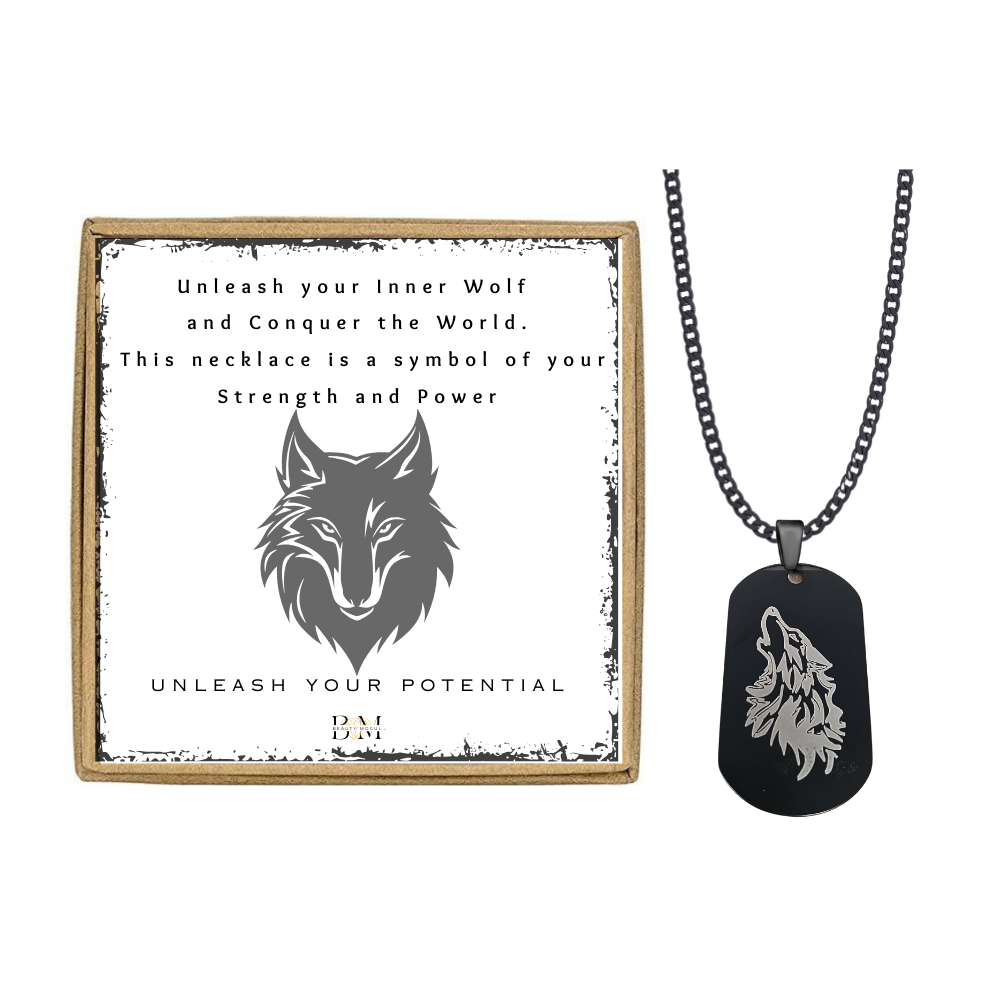 Men Black Alpha Wolf Dog Tag Necklace Card Gift Set