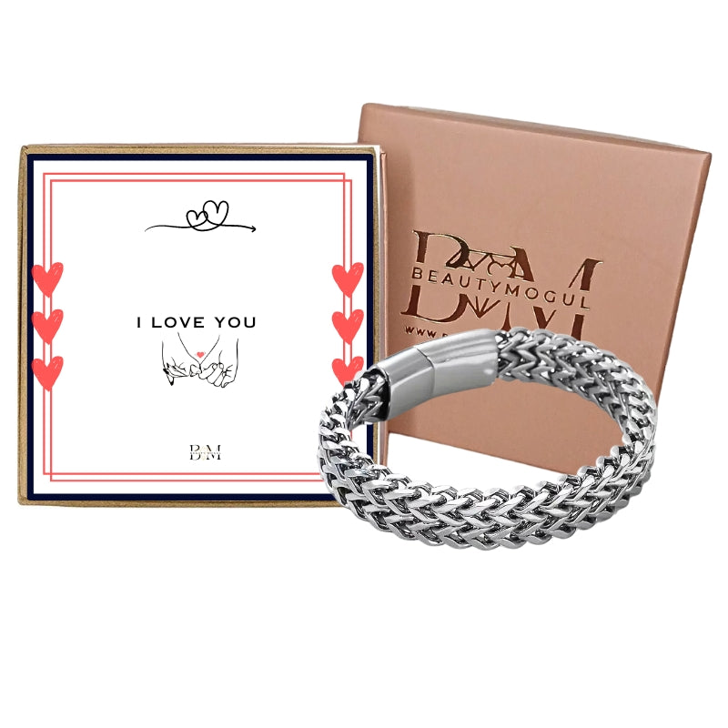 Men Weaved Chain Link Silver Stainless Steel Bracelet, Card and Gift Box (Personalized card option)