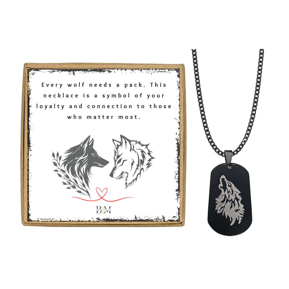 Men Black Alpha Wolf Dog Tag Necklace Card Gift Set