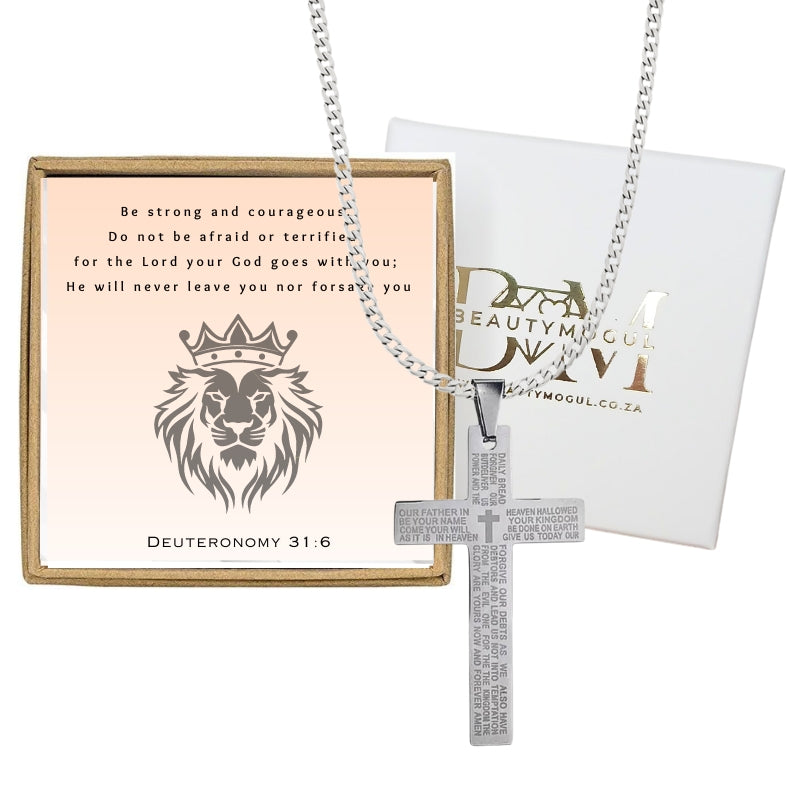 Mens Black Stainless Steel Lord's Prayer Necklace, Card and Gift Box Set