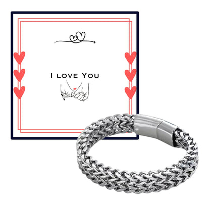 Men Weaved Chain Link Silver Stainless Steel Bracelet, Card and Gift Box (Personalized card option)