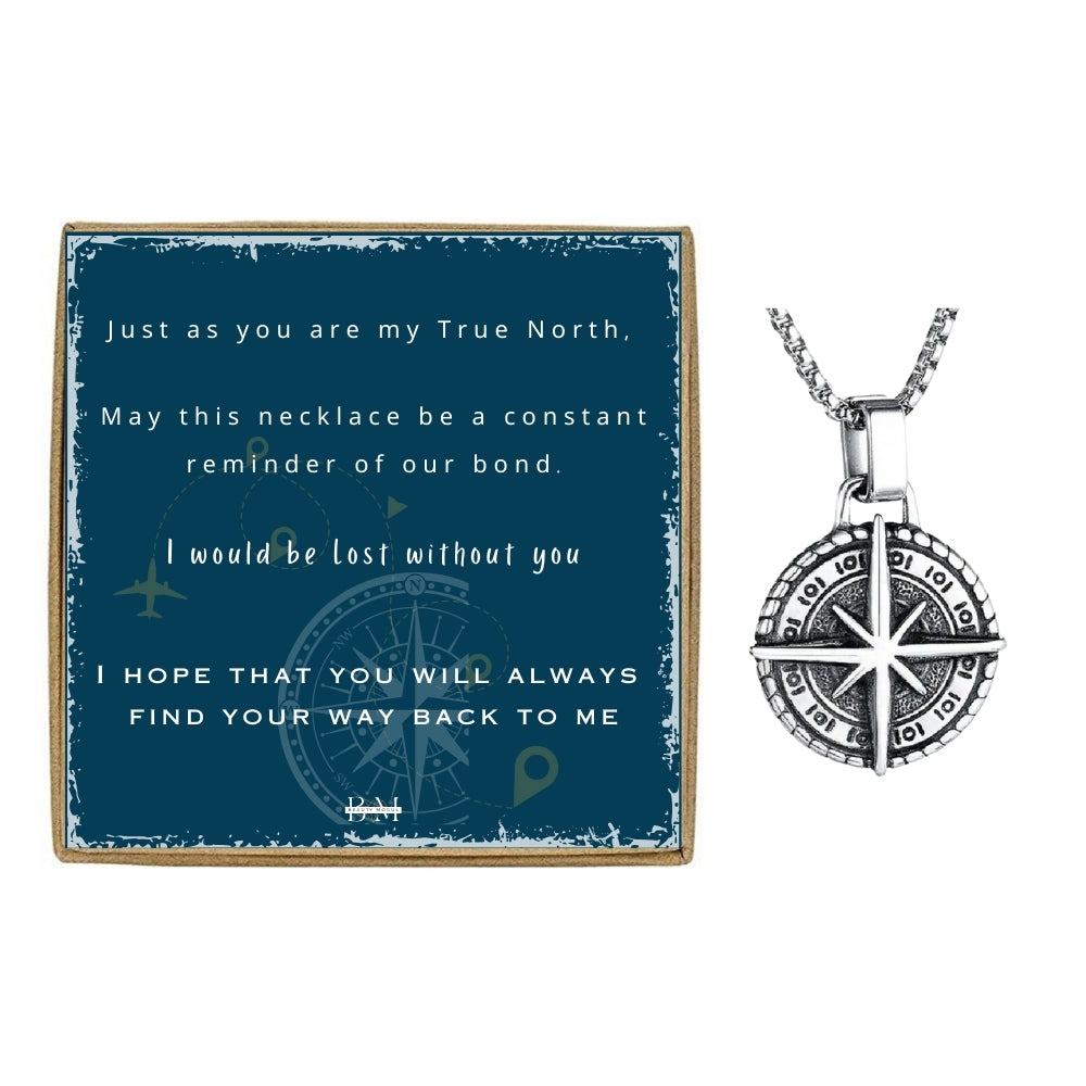 Men Vintage Compass Pendant Box Chain Card Gift Set