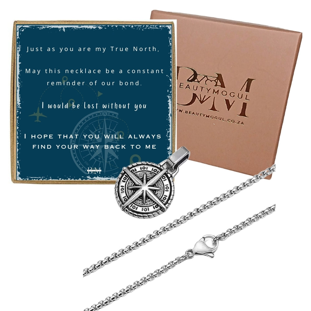 Men Vintage Compass Pendant Box Chain Card Gift Set