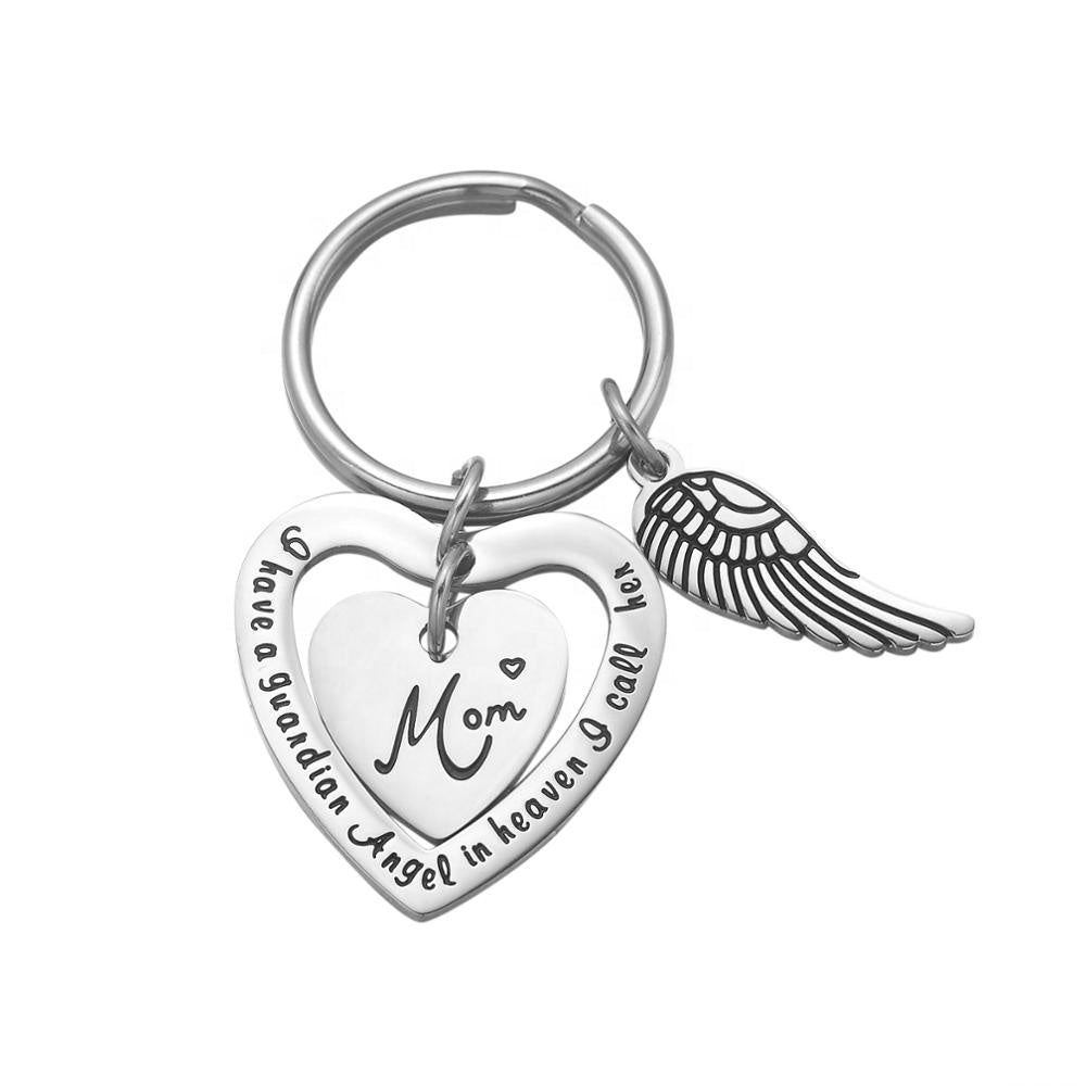 Silver Mom Guardian Angel Keyring with Angel wing Charm