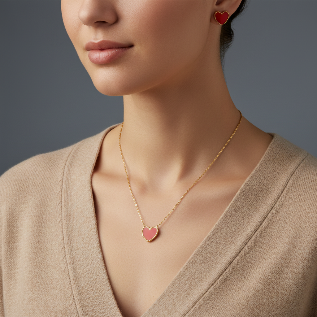Gold heart jewelry set featuring a pendant necklace and matching stud earrings with red heart inlays, arranged on a soft cream fabric background with a gold ribbon.