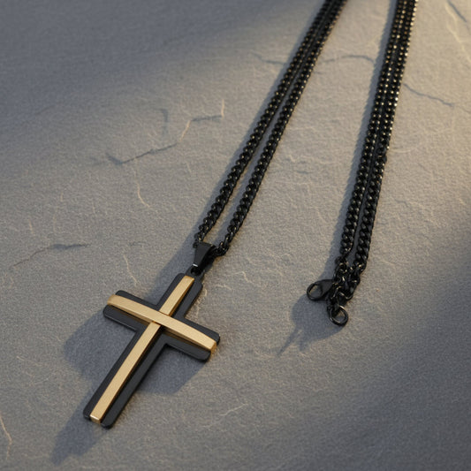 Beautymogul cross pendant necklace against a dark background