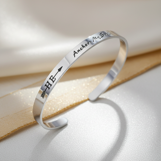 A polished silver cuff bracelet with engraved black lettering, resting on a white textured surface with a gold ribbon. The engraving includes the words '-He-Anchors-My-Soul-