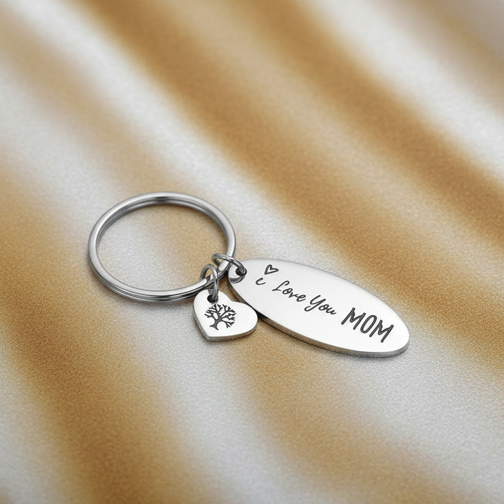 A silver metal keychain with a round key ring, an oval tag engraved with 'I Love You MOM', and a small heart-shaped tag engraved with a tree, resting on a draped beige satin fabric background.