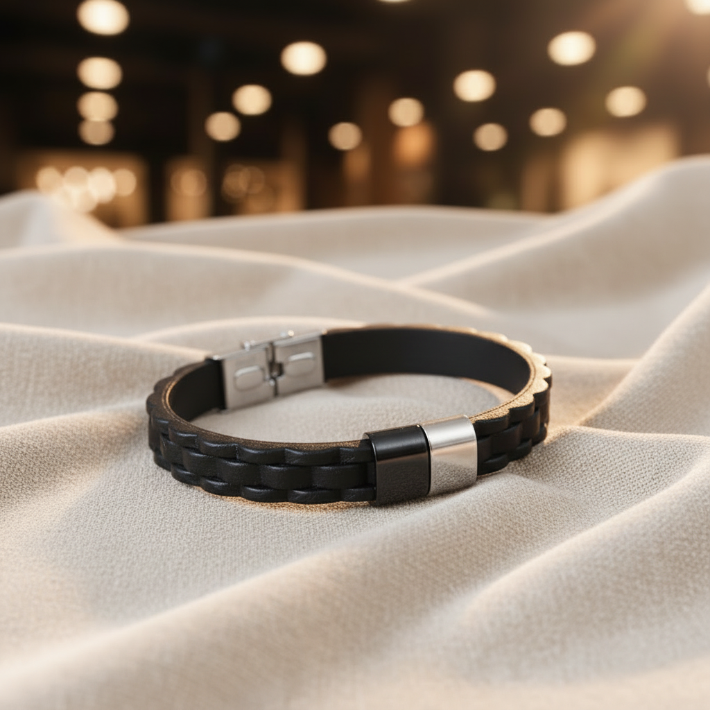 Black leather bracelet with silver clasp on a textured surface with blurred lights in the background