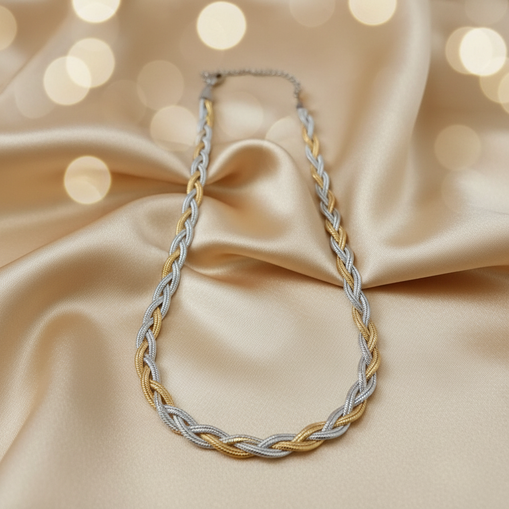 A braided cable-style necklace with alternating silver and gold strands, displayed on draped champagne satin fabric with warm bokeh lights in the background.