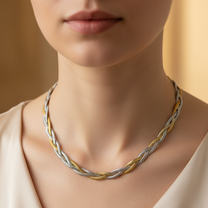 A close-up of a woman wearing a braided cable necklace with alternating silver and gold-toned strands, paired with a cream satin top.