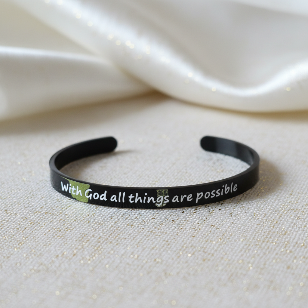 Beautymogul-A black metal cuff bracelet with the phrase 'With God all things are possible' printed in white, resting on a textured beige fabric with a soft white satin drape in the background.