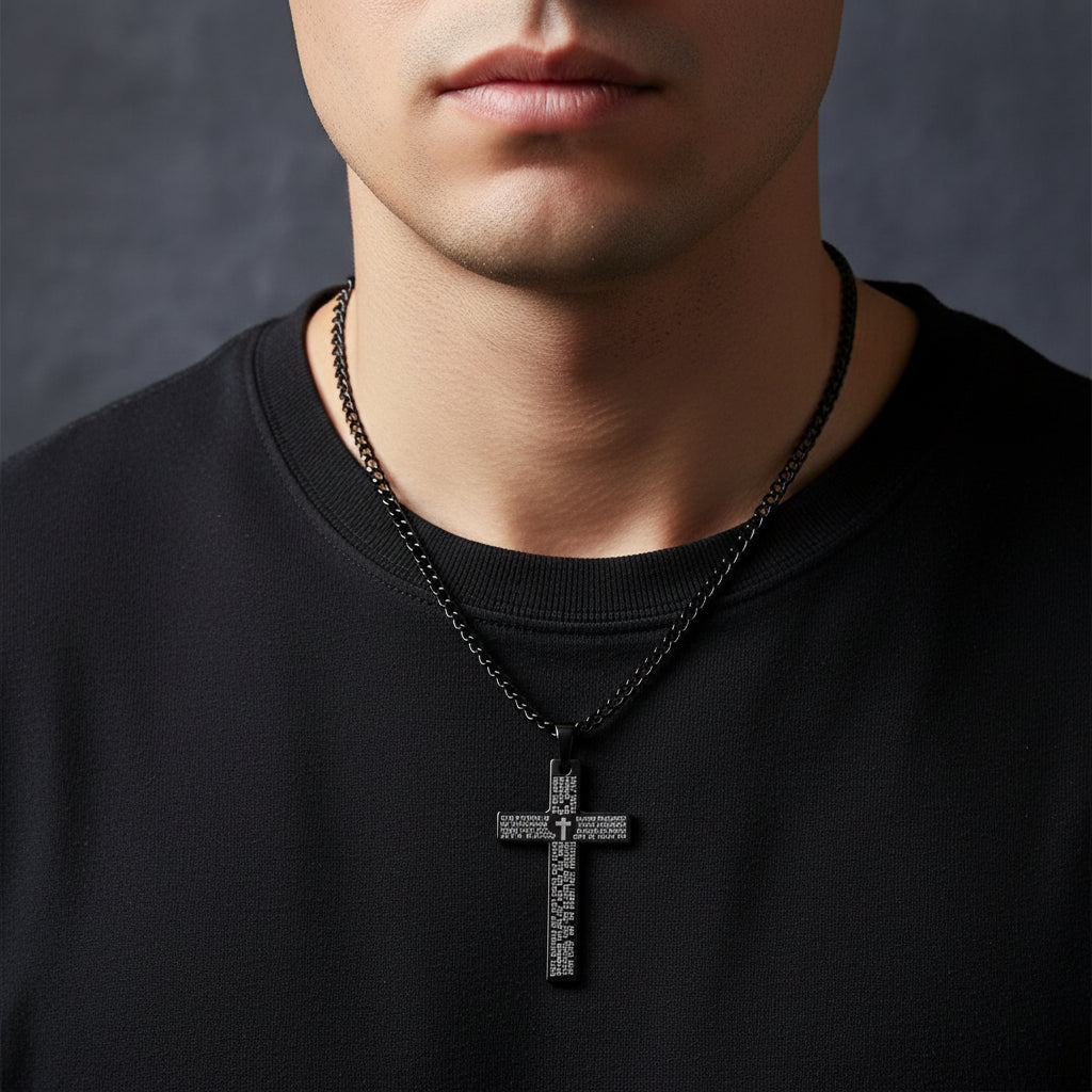 Mens Black Stainless Steel Lord's Prayer Necklace, Card and Gift Box Set