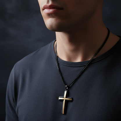 Beautymogul; Man wearing a black shirt with a gold cross necklace against a dark background