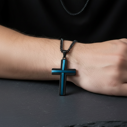 Beautymogul-luxury-black-and-blue-mens-cross-pendant-chain-necklace